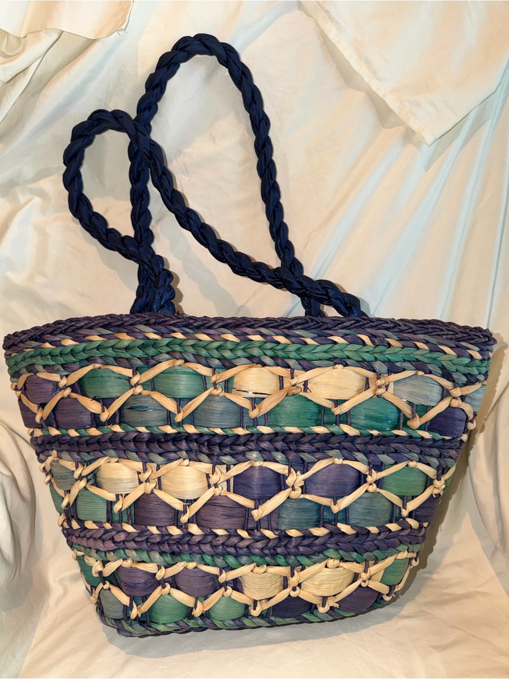 Cappelli Straworld Braided Straw Tote in Navy, Green & Natural